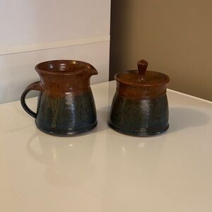 Pottery Barn Brown and Blue Creamer and Sugar Set